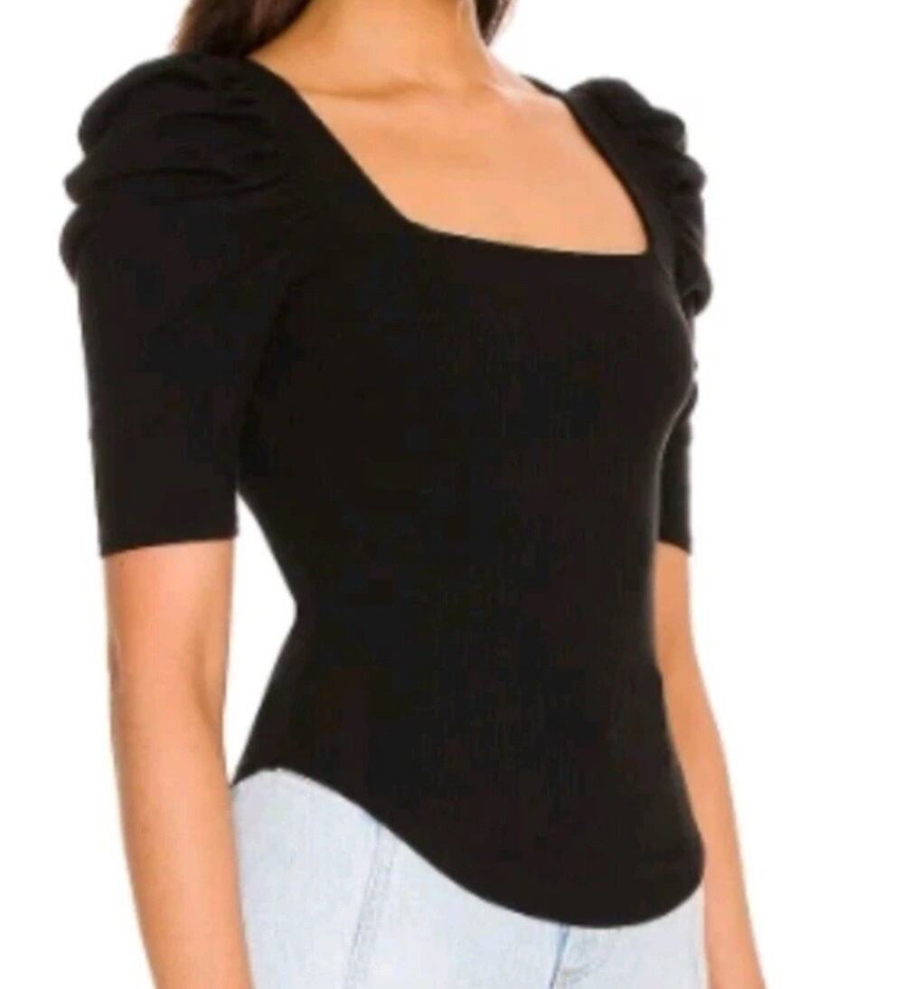 Free People We The Free Top Lily Black Rib Puff Sleeve Slim Corset Whimsigoth S